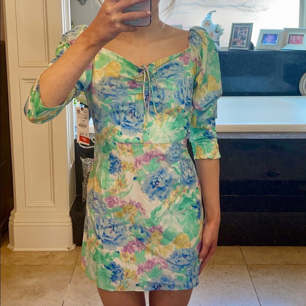 Zara Floral Puff shoulder Mini Dress